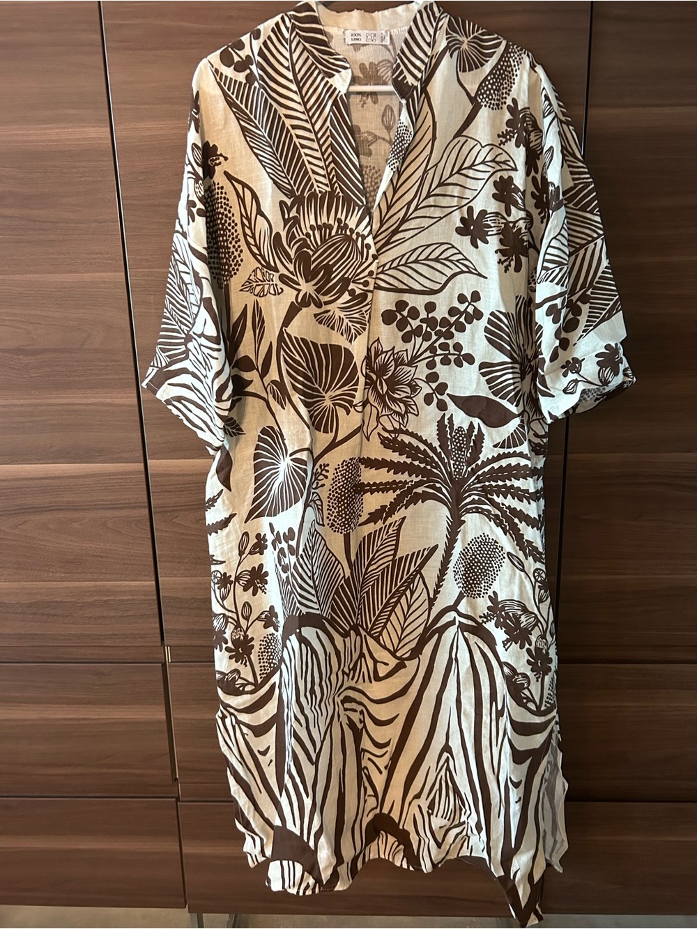Tropical Leaf & Floral Print Shirtdress in Cream and Brown Linen. Made in Italy